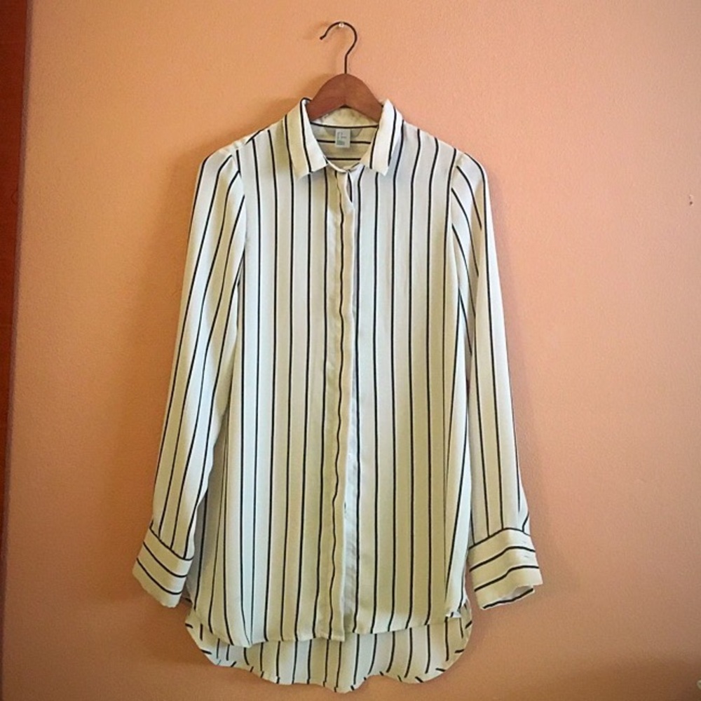 Beige black striped button down blouse